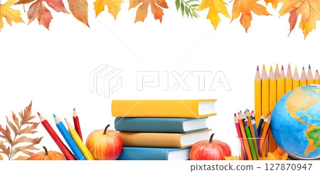 Back to School Autumn Frame with Books globe and Leaves Watercolor Illustration 127870947