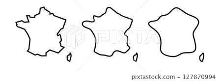 France country black outline silhouettes in three different levels of smoothness. Simplified maps. Vector icons isolated on white background. 127870994