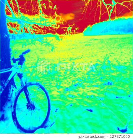Mountain bike in snow, winter landscape. Thermal photography 127871060