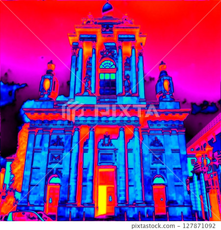 Old city house, stony building. Thermal photography 127871092