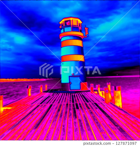 Lighthouse at lake. Thermal photography 127871097
