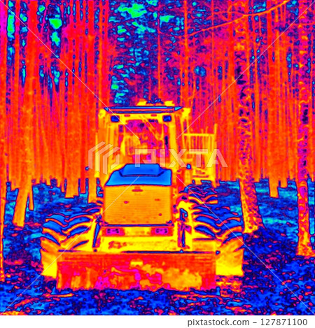 Small tractor in the countryside. Thermal photography 127871100