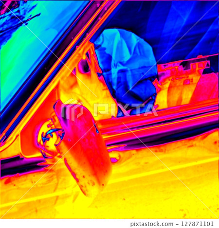 colapsed airbag in the crashed car. Thermal photography colapsed airbag in the crashed car. Thermal photography 127871101