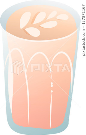 Glass of latte with milk foam art on top, light brown color, smooth texture, served in transparent glass cup 127871167