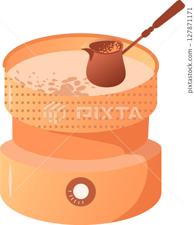 Copper cezves in the hot sand. Preparation of traditional Turkish coffee. Vector illustration isolated on a white background. 127871171