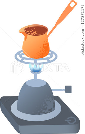 Turkish coffee brewed in a cezve traditional coffee pot 127871172