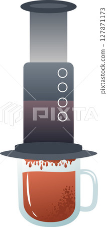 Aeropress coffee maker with brewed coffee in a glass mug 127871173