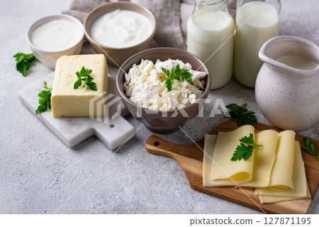 Dairy products. Milk, cottage cheese, cream, butter and yogurt Dairy products. Milk, cottage cheese, cream, butter and yogurt 127871195