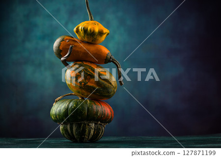 Various decorative pumpkin on green background 127871199