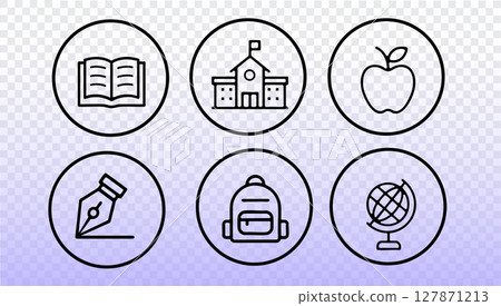 Line icon set school education supplies concept. Minimal outline learning elements stationery classic style. Online courses websites apps. Thin stroke gradient background vector illustration. Line icon set school education supplies concept. Minimal outline learning elements stationery classic style. Online courses websites apps. Thin stroke gradient background vector illustration. 127871213