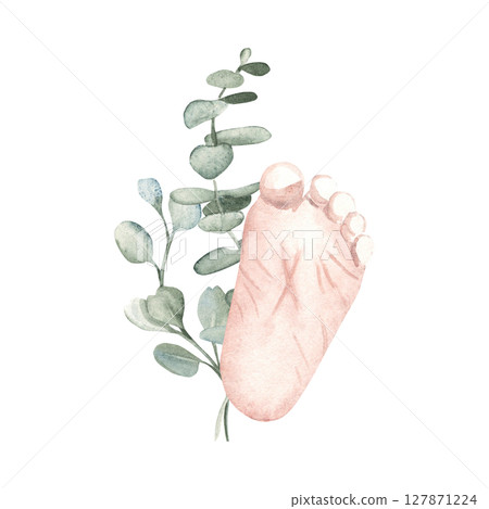 Baby Foot Sole with eucalyptus branches. Hand drawn Watercolor composition of Newborn chubby Heel isolated on a white background. For Baby shower, Christening and Gender Party Cards and Invitations. 127871224