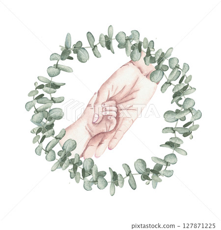 Watercolor illustration of Mother and Newborn Baby Hands in eucalyptus wreath. Happy Motherhood and Family concept. Hand drawn art for Mother's day, Baby shower or Gender Party Cards and Invitations. 127871225