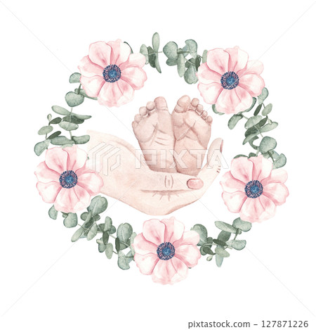 Baby shower watercolor composition. Newborn Baby feet in Mother Hands inside of anemone and eucalyptus wreath. Hand drawn illustration for gender reveal party, Mother's day cards and invitations. 127871226