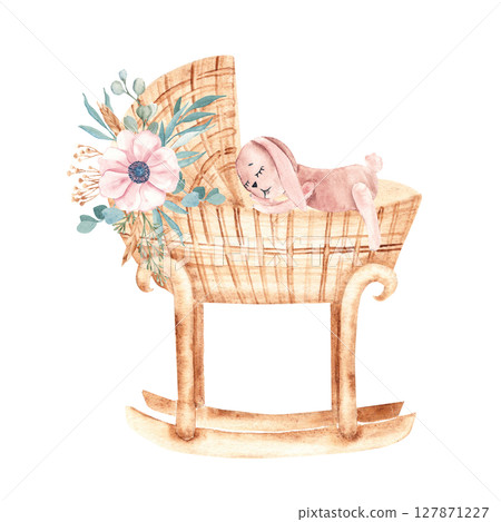 Watercolor illustration of Baby Girl cradle from rattan decorated with anemone bouquet with plush Bunny Toy. Hand drawn Crib in retro style. For newborn greeting or birthday cards, baby shower 127871227