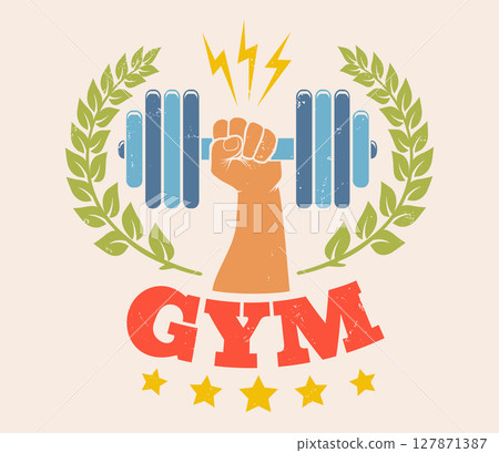 Vector vintage emblem for gym, fitness or bodybuilding in retro style. Retro logo for gym. Vector vintage emblem for gym, fitness or bodybuilding in retro style. Retro logo for gym. 127871387