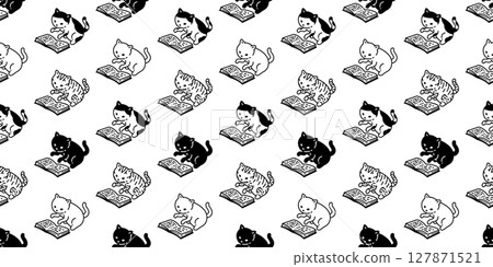 cat seamless pattern reading book kitten calico doodle cartoon pet animal illustration tile background gift wrapping paper scarf isolated repeat wallpaper 127871521