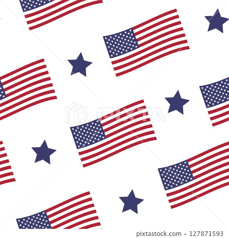 Seamless patriotic pattern with USA flags and blue stars  vector background for 4th of July, Independence Day 127871593