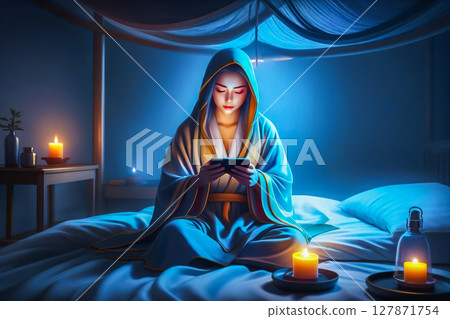 Portrait of a beautiful girl illuminated by a telephone. A girl in a robe lies on a bed, staring at her mobile phone. 127871754