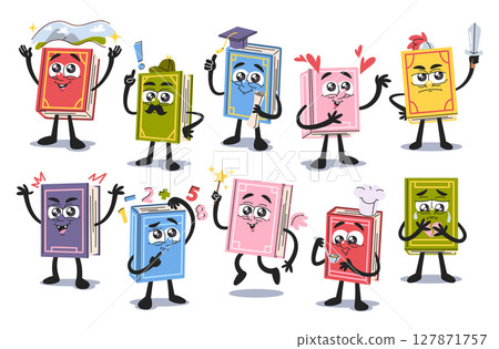 Cute paper books cartoon characters poetry, fairy tales, culinary and education literature set 127871757