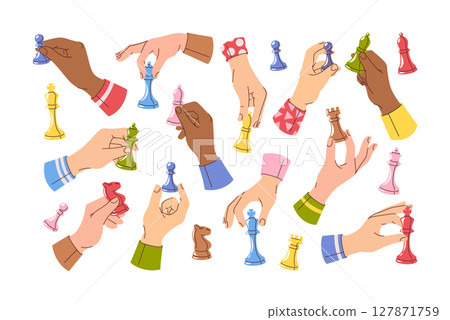 Human hands holding different chess pieces and figures isolated cartoon set on white background Human hands holding different chess pieces and figures isolated cartoon set on white background 127871759