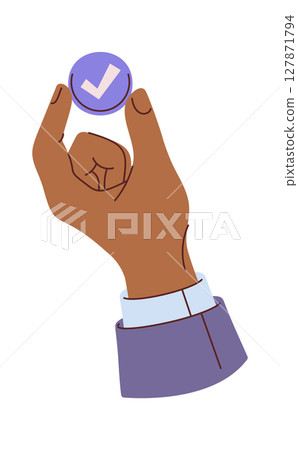 Business hand holding checkmark coin Business hand holding checkmark coin 127871794