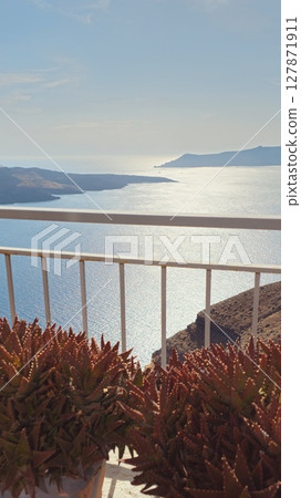 Lush aloe plants in flower pots on a balcony in Santorini with a sea view 127871911
