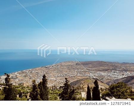 Panoramic view of the Greek island of Santorini from the highest point of the island - the Monastery of Prophet Elias 127871941