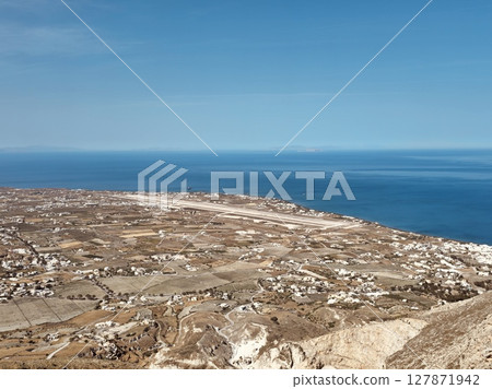Panoramic view of the Greek island of Santorini from the highest point of the island - the Monastery of Prophet Elias 127871942