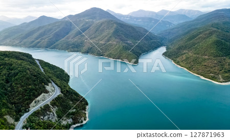 Panoramic drone view of the Zhinvali Reservoir in Georgia Panoramic drone view of the Zhinvali Reservoir in Georgia 127871963