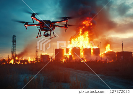 Dramatic drone capture of fire at industrial oil facility with storage tanks 127872025