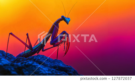 Colorful sunset silhouette of a praying mantis on rocky surface, insect on background of vibrant sky 127872037