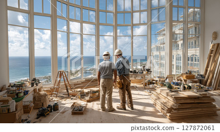Workers or engineers overseeing renovation project in luxurious oceanfront apartment with panoramic windows and natural lighting Workers or engineers overseeing renovation project in luxurious oceanfront apartment with panoramic windows and natural lighting 127872061