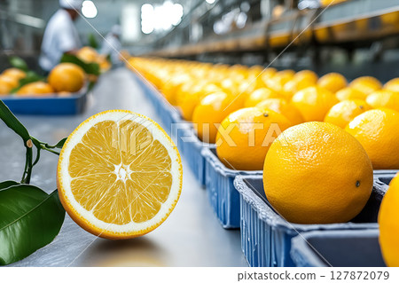 Industrial orange processing plant with fresh citrus fruits on conveyor belt 127872079