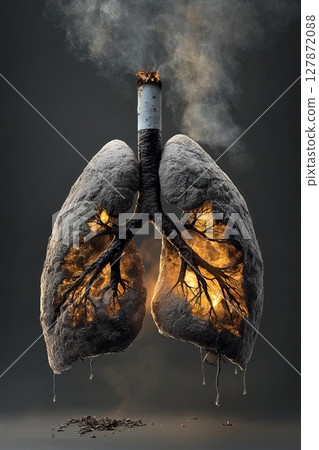 Conceptual image of lungs engulfed in fire with burning cigarette illustrating smoking hazards 127872088