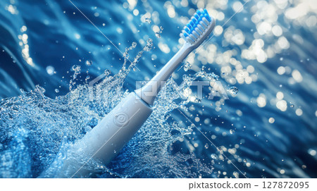 Electric toothbrush splashing in refreshing water with blue bristles and shiny surface for oral hygiene and dental care concepts 127872095