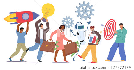 Businesspeople cartoon characters engaged in teamwork, business projects startup, AI collaboration 127872129