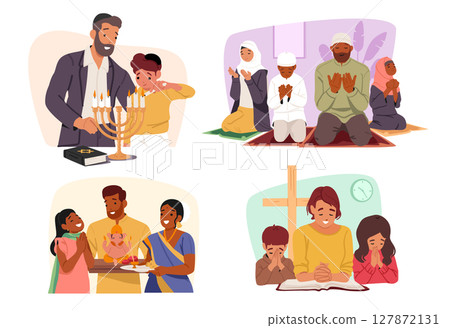 People of different religious denominations Christian, Jewish, Buddhist and muslim families set People of different religious denominations Christian, Jewish, Buddhist and muslim families set 127872131