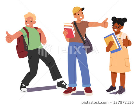 Smiling schoolchildren making thumbsup ready to school enjoying learning opportunity isolated set 127872136