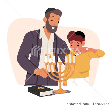 Jewish family lighting holy Hanukkah menorah candles celebrating sacred religious tradition Jewish family lighting holy Hanukkah menorah candles celebrating sacred religious tradition 127872143