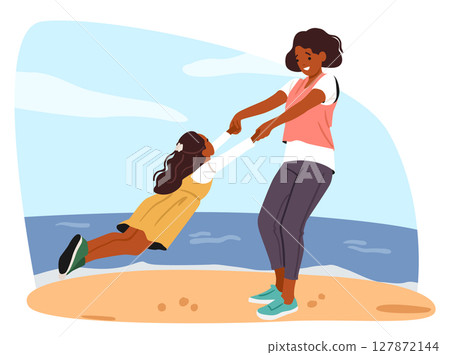 Happy mother playing with daughter spending leisure time together at coastline cartoon scene 127872144