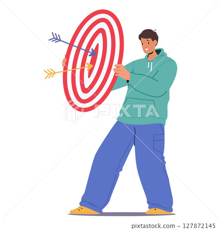 Business success metaphor with young businessman holding target catching arrows isolated on white Business success metaphor with young businessman holding target catching arrows isolated on white 127872145
