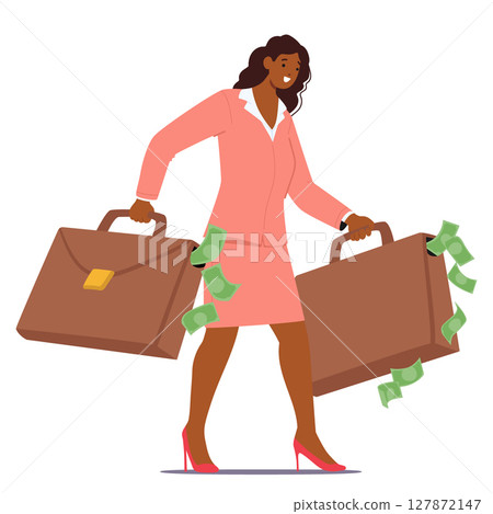 Successful rich businesswoman cartoon character carrying huge briefcases filled money cash Successful rich businesswoman cartoon character carrying huge briefcases filled money cash 127872147
