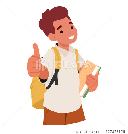 Smiling schoolboy cartoon character holding textbook carrying schoolbag showing thumbsup portrait Smiling schoolboy cartoon character holding textbook carrying schoolbag showing thumbsup portrait 127872156