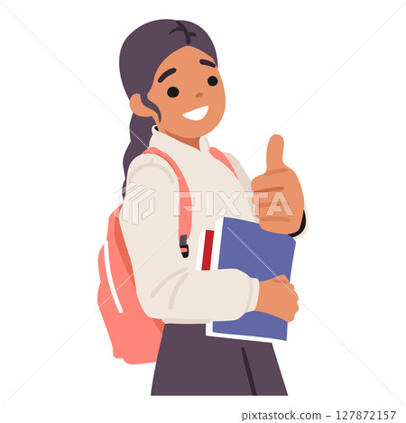 Cheerful schoolgirl giving thumbsup carrying backpack and books beaming happiness and confidence Cheerful schoolgirl giving thumbsup carrying backpack and books beaming happiness and confidence 127872157