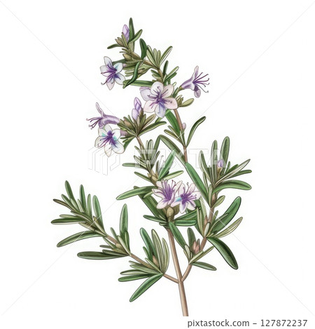 Blooming rosemary, drawing isolated on pure white background, shows its delicate flowers and aromatic leaves 127872237