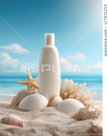 White sunscreen bottle surrounded by seashells and coral on a beach with a clear blue sky in the background 127872254