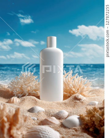 White bottle of sunscreen on a sandy beach with seashells and clouds in the background on a sunny day 127872255