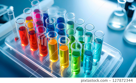 Row of chemical test tubes with multi-colored reagents in a laboratory Row of chemical test tubes with multi-colored reagents in a laboratory 127872344