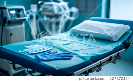 Prepared operating table with medical supplies in the operating room Prepared operating table with medical supplies in the operating room 127872364