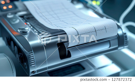 A close-up of a modern medical device, an electrocardiograph (ECG), with a paper strip coming out of it, printed with a graph of fluctuations similar to a recording of a heartbeat or other vital signs A close-up of a modern medical device, an electrocardiograph (ECG), with a paper strip coming out of it, printed with a graph of fluctuations similar to a recording of a heartbeat or other vital signs 127872372